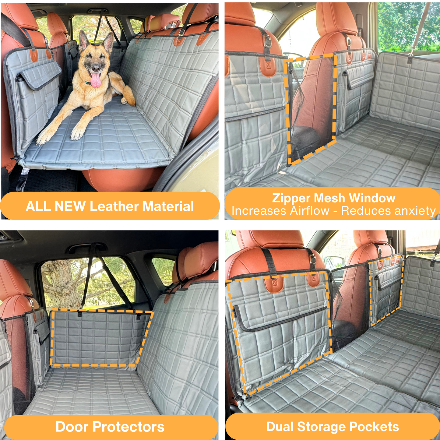 Leather Backseat Extender for Dogs - Grey with Door Covers